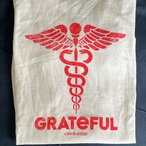Life Is Good White Tee with Red Grateful Design